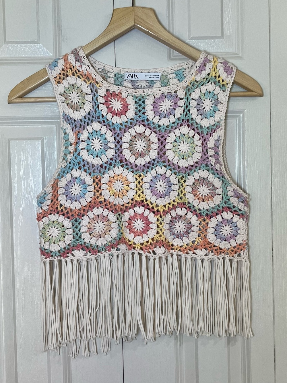 Zara Pastel Granny Square Crochet Fringe Vest Tank Bohemian Festival Size Medium